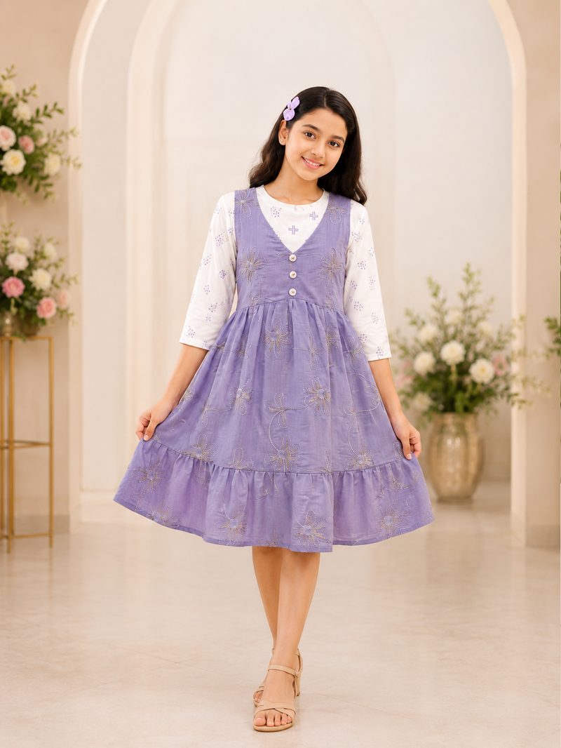 Girl wearing lavender embroidered jumper dress with white top