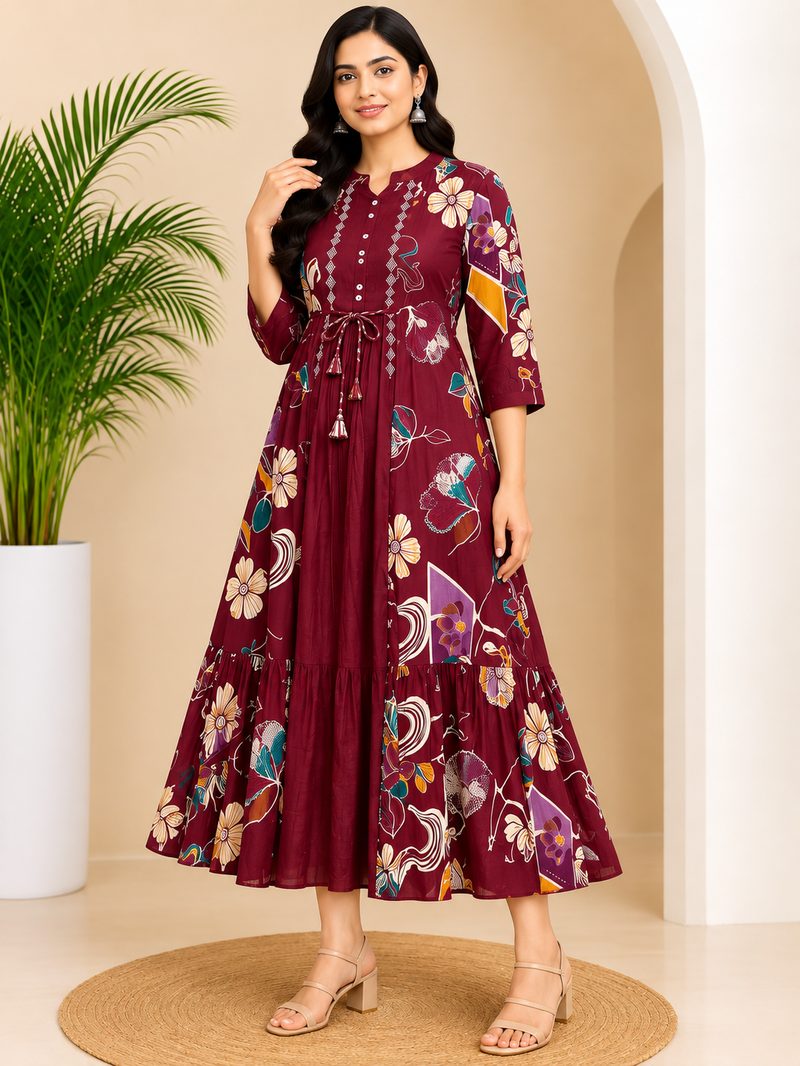 Maroon flared kurti with floral print, tassel waist tie and button placket
