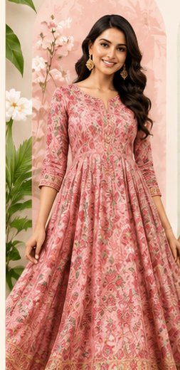 Pink printed Anarkali kurti with flared hem and contrast pants