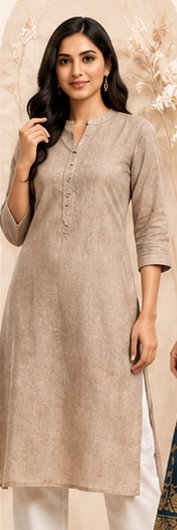 Beige linen kurti with button placket and white trousers